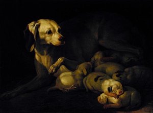 ビッチハウンドが子犬を育てる、ジャン＝バティスト・ウドリーによるオリジナル、1755年の詳細 作： Jean Jacques Bachelier