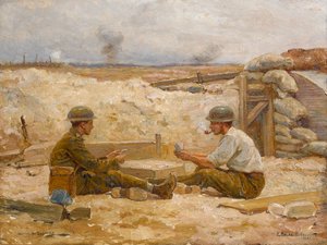 1918年から20年にかけて、2人のイギリス人将校がダグアウトの外でトランプをしていました。 作： Jean Jacques Berne Bellecour