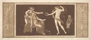 芸術に冠をかぶるアポロ 芸術に冠をかぶるアポロ、Requeil de Different Compositions...、1784年より。 作： Jean Jacques Lagrenee