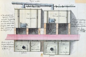 パリのホテルドゥモントロンでの給湯システムの設計、1787年頃（紙にwc） 作： Jean Jacques Lequeu