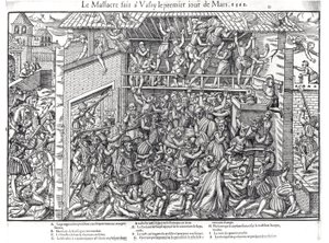 ジャックトートレル（1568-92）によって彫刻された、1562年3月1日、ワッシーシュルブレーズでのデュックドギース軍によるプロテスタント集団の虐殺 作： Jean Jacques Perrissin