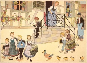 学校に向かうアルザスの村の子供たち 作： Jean Jacques Waltz