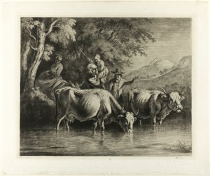 渓流にたたずむ牛と農民たち 作： Jean Jacques de Boissieu