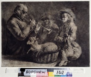 ""The oboist"" (オーボエ奏者) 2 人の羊飼いの前でオーボエを演奏する音楽家。 Jean Jacques de Boissieu (1736-1810) による木版画 1772 年 Ivan Kramskoy (または Kramskoi) ロシアのヴォロネジにある美術館。 作： Jean Jacques de Boissieu