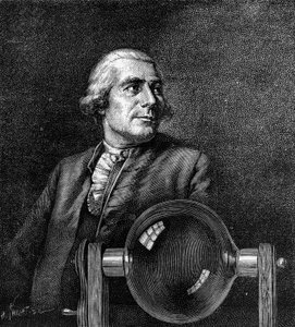 熱気球を発明したフランスの実業家、ジョセフ・ド・モンゴルフィエ（1740-1810）の肖像。リヨン美術館所蔵のボワシューの肖像より）。La Nature: revue des sciences and de leurs applications aux arts et a l