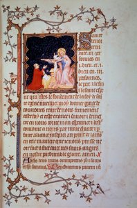 ベリー公ジョン1世（1340-1416）聖三位一体の前で ミニチュアは1375年頃、黒髪のジョンによって盛り上げられた写本（ms.lat.18014）「ベリー公ジョンの小さな時間」から取られたもの。パリ、B.N. 作： Jean Le and workshop (attr. to) Noir