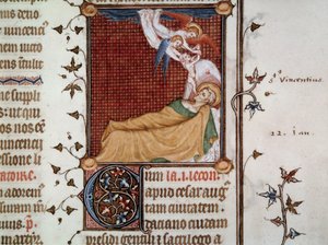304年のサラゴサの聖ヴィンセントの死 ジャン・ル・ノワールが挿絵を描いたシャルル5世のブレヴィアリム・パリジャン（man.lat.1052, fol.326）の「ブレヴィアリム・パリジャン」（パリのブレヴィアリール）からのミニチュア。