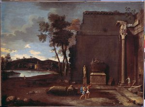 石棺のある風景。 ジャン・ル・メール (1597-1659) の絵画。 フランスの芸術、キャンバスに油彩。 エルミタージュ美術館、サンクトペテルブルク 作： Jean Lemaire