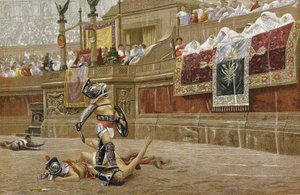 ローマの闘技場での剣闘士たち：観客は「親指を下に向ける」ことで、勝者が敵を助けないように合図する。JL Geromeの絵画を基にしたクロモリトグラフ。 作： Jean Leon Gerome
