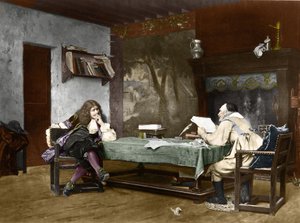 著者のジャン バティスト (ジャン バティスト) ポクラン ディット モリエール (1622-1673) とピエール コルネイユ (1606-1684)。 19世紀（ジャン・レオン（ジャン・レオン）・ジェロームの絵の後のリトグラフ） 作： Jean Leon Gerome