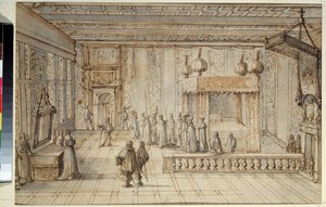 ヴェルサイユ宮殿のルイ 14 世 (1638-1715) の寝室。 ヴェルサイユにあるルイ14世の部屋。 ジャン・ル・ポートル (1618-1682) の素描