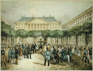 1830年10月2日、ブリュッセル、解放の殉教者広場における革命家の埋葬、A.M.ジョバール(fl.1820-20)の刻印（カラーリトグラフ） 作： Jean Louis (after) Van Hemelryck