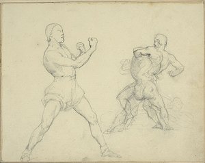 右を向くボクサーとレスリングする2人の男 作： Jean Louis André Théodore Géricault