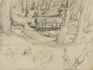 藁葺き小屋のある森のインテリア、その他のスケッチ 作： Jean Louis André Théodore Géricault