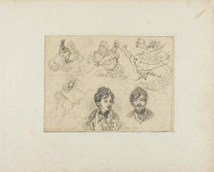 スケッチのシート：ライダー、人魚、2人の若者の肖像 作： Jean Louis André Théodore Géricault