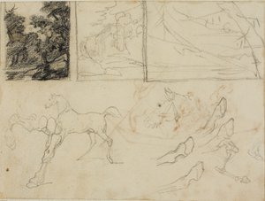 スケッチ・シート：3つの風景、馬、蹄 作： Jean Louis André Théodore Géricault