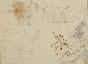 馬のスケッチ、馬を抱く花婿、騎兵隊の戦い 作： Jean Louis André Théodore Géricault
