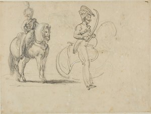 騎乗したチャセルとサーベルを持った騎兵将校のスケッチ 作： Jean Louis André Théodore Géricault