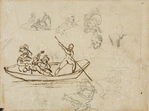 音楽船上パーティーと背の高い帽子をかぶった女性のスケッチ 作： Jean Louis André Théodore Géricault