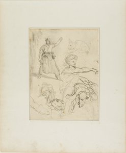 鍛冶屋と馬の頭の習作と他の人物とウサギのスケッチ 作： Jean Louis André Théodore Géricault