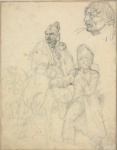 人物群像の習作、擲弾兵の頭部詳細付き 作： Jean Louis André Théodore Géricault