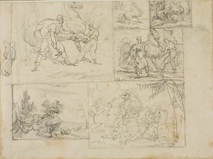 森の風景と騎兵隊の戦いのスケッチを含む3つの習作