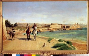 アンティーブ、馬に乗る姿。画家とその息子シャルル（1848-1917）の絵。アーネスト・ミーソニエ（1815-1891）の絵 作： Jean Louis Ernest Meissonier