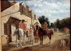 Au Tourne-bride, also known as Tournebride en bois de Saint-Germain サン・ジェルマン・アン・レイの森でリレーをして休憩する騎手たち。Jean-Louis-Ernest Meissonier（1815-1891）による絵画 1860年。日 0.17x0.23 m パリ、オルセー美術館 作： Jean Louis Ernest Meissonier