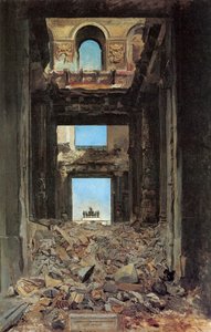 1871年の1877年のコミューン後のチュイルリー宮殿の遺跡。 作： Jean Louis Ernest Meissonier