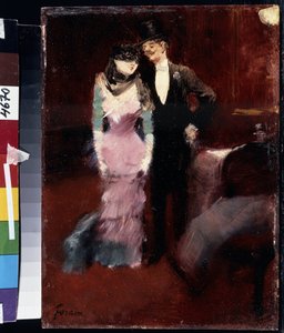 パリオペラ座での仮面舞踏会の出発。 Jean-Louis Forain (Jean Louis Forain) の絵画