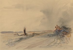 荒廃した土地、風景の中の人物 1919年頃 （グレー・ウォッシュ、水彩、グワッシュ） 作： Jean Louis Forain