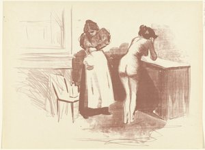 裸の女性が洗い、使用人が彼女の隣に立つ クロッキー La Friction au gant de crin レプルーヴ（シリーズタイトル）