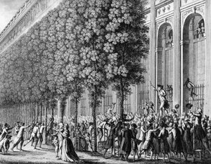 フランス革命。1789年7月12日、カミーユ・デムーラン（1760-1794）による王宮での動議。プリオールの後にベルソーが描いた版画。パリ、革命史研究所の図書館