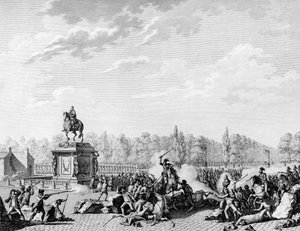 フランス革命。1789年7月12日、ルイ15世広場、ジャック・ネッカー（1732-1804）とオルレアン公の胸像を乗せた行列に、ランベスク公シャルル・ユージン・ド・ロレーヌ（1754-1825）のドラゴンを乗せている。プライヤーの後にベルソーが彫ったもの。パリ