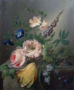 バラ、パッションフラワー、チューリップ、その他の石棚のある花の静物 作： Jean Louis Prevost