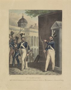 2回目の裁判、1828年 2me 苦難。 ジェフ！ si tu ne viens pas prendre ma place, demain je te chasse - Mais monsieur - Il n y a pas de mais (オブジェクトのタイトル) ベルギー民兵の格差を描いた風刺漫画、1828 年（シリーズ タイトル） 作： Jean Louis Van Hemelryck