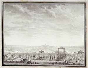 フランス革命Jean-Louis Prieur (1759-1795)による18世紀の水墨画「Les troupes du Champ-de-Mars departing for Place Louis XV: 12 juillet 1789」。寸法0.17x0.23 m パリ、カルナヴァレ美術館