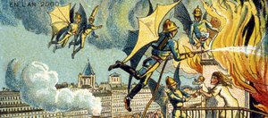 空飛ぶ消防士。 2000 年、1899 年のシリーズのビジョンから 作： Jean Marc Côté