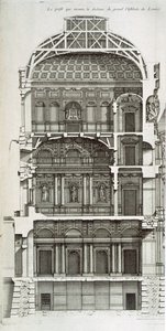 「L&39;architecture francoise、ou Recueil des plan etc」からのルーヴル美術館のメインホールを示す断面図、VI-V、1727-28 作： Jean Mariette