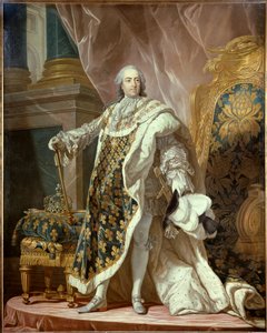 フランス王ルイ15世（1710-1774）の神聖な衣装をまとった足元の肖像。ルイ・ミシェル・ファン・ロー（1707-1771）の後にジャン・マルシャル・フレドゥ（1710-1774）が描いたもの 1761年 薄暗い。2,77x1,95 m - コロナティ姿のフランス王ルイ15世（1710-1774）の全身像 作： Jean Martial Frédou