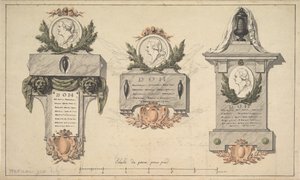 葬祭用モニュメントまたは墓碑銘のための3つのデザイン、約1770-90年。 作： Jean Michel Moreau
