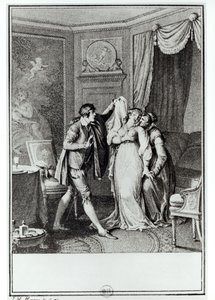 「そのベールを脱ぎなさい」と老人はカンディデに言った、フランソワ・ヴォルテール（1694-1778）による「カンディデ」の第7章のイラスト1787（彫刻）（bw写真）