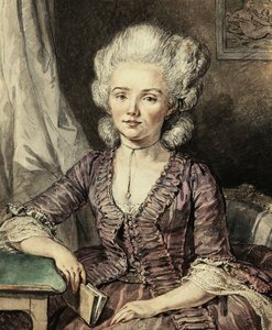 本と一緒にテーブルに座った若い女性、1785 作： Jean Michel the Younger Moreau