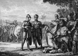 テルトリーの戦い、687年：ネウストリア軍の勝者、アウストラシアの王子ペピン・ザ・ジューンまたはヘルスタル（653-714年頃）がネウストリアの王ティエリー3世（657-691年）の権威を認める。Jean Michel Moreau, dit Moreau le Jeune (1741- 181) による版画。