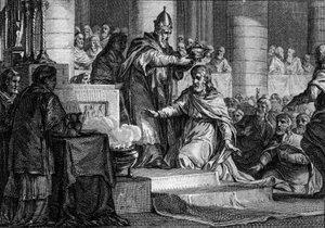 シャルルマーニュの戴冠式（800年12月25日）：フランク王国の王（747-814）は、ローマのサン・ピエトロ教会で教皇レオン3世（750-816）から西方の皇帝として奉献された。ジャン・ミッシェル・モロー（Moreau le Jeune）（1741-1814）によるエングレーヴィング 作： Jean Michel the Younger Moreau