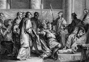 ブルターニュの王エリスポエ（857年没）は、851年にバルド公シャルル2世（823-877）の手から王国の装飾品を受け取った。ジャン・ミッシェル・モロー（モロー・ル・ジュン）（1741-1814）によるエングレーヴィング