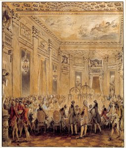 1771年9月2日、ルイ15世の愛人であったバリー伯爵夫人（または夫人）ジャンヌ・ベキュがルーヴシエンヌ城で行った饗宴 ジャン・ミシェル・モロー・ル・ジューン（1741-1814）による水彩画。日 0,31x0,26 m パリ、ルーヴル美術館
