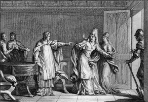 フランク王国の王ルイ5世（966-987年）は、夫のロタイヤ王（941-986年）を毒殺したとされる母のイタリア王妃エマ（945-988年）を追放した（987年）。ジャン・ミシェル・モロー（モロー・ル・ジューン）（1741-1814）によるエングレーヴィング 作： Jean Michel the Younger Moreau