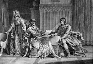ルイ・ザ・グロ（1081-1137）は、父であるフィリップ1世（1052-1108）に、ルイの暗殺をイングランド王に依頼したとされる手紙を見せます。フィリップの妻で手紙の作者とされるベルトラーデ・ド・モンフォール（1070年頃～1118年頃）も同席しています。1 作： Jean Michel the Younger Moreau