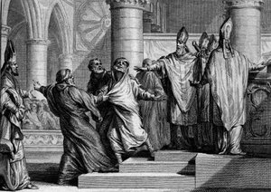 敬虔なルイ1世（778-840）の懺悔と降伏、833年：告白後、王はランスのアルシュヴェックによって皇帝の装飾品を剥ぎ取られ、その後懺悔者の袋で覆われる。ジャン・ミッシェル・モロー（モロー・ル・ジュー）によるエングレーヴィング 作： Jean Michel the Younger Moreau